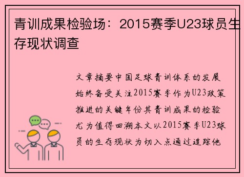 青训成果检验场：2015赛季U23球员生存现状调查