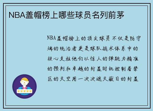 NBA盖帽榜上哪些球员名列前茅